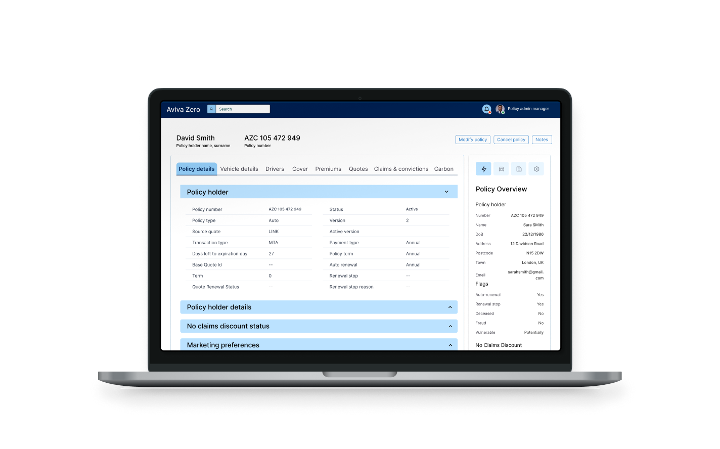 Final redesigned Aviva dashboard — policy overview view